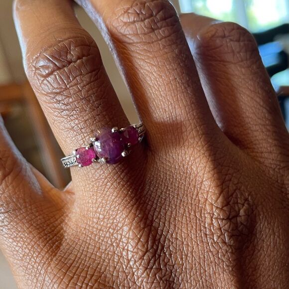 Ruby Ring Three Stone Platinum Sterling Silver Jewelry  Gemstone Birthstone - Picture 3 of 12